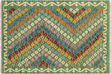 Flat Weave Kilim, Antique, Navaho, Vintage, Handmade, Modern Kilim Green Rust Hand-Woven Rectangle 100% Wool Area Rug 4 x 5